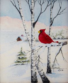 a painting of a cardinal perched on a birch tree