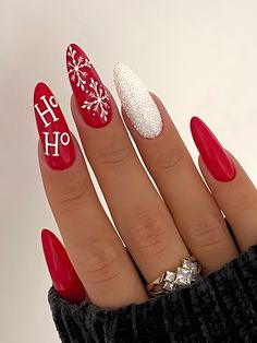 Amazon Christmas, Red Christmas Nails, Cute Christmas Nails, Snowflake Nails, Christmas Nails Acrylic, Festival Nails, Stick On Nails