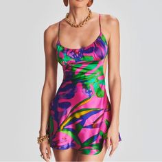 Description Brighten Up The Night In Our Josefine Dress. This Flirty Mini Dress Feature A Day-Glo Tropical Print, Slightly Gathered Bust, Barely-There Straps, And An A-Line Skirt. Shown Here In Tropical Leaf. 95% Silk, 5% Spandex Made In China Model Is 5'11" Wearing Size Xs Style No. Ss23-6521 Nwt Size L Multicolor Silk Dress With Spaghetti Straps, Printed Cocktail Dresses For Summer, Summer Cocktail Printed Dresses, Pink Silk Mini Dress For Night Out, Multicolor Satin Party Dress, Multicolor Satin Dress For Party, Pink Satin Dress For Garden Party, Evening Mini Dress With Floral Print, Floral Print Sundress Mini Dress For Evening