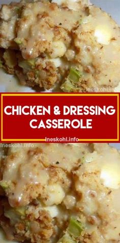 chicken and dressing casserole with broccoli on top