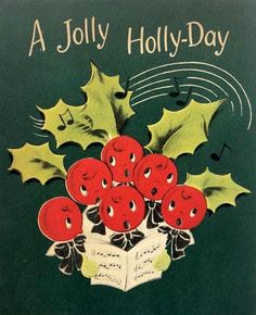 an old book with holly - day written on the cover and red apples in front of them