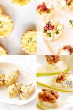 four different pictures of appetizers on white plates