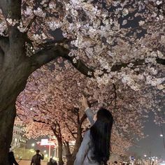 a woman standing under a tree with lots of pink flowers