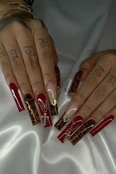 xl fall nails🍷🐆 Xl Fall Nails, Red Nails With Leopard Print, Red And Gold Nail Designs, Vamp Nails, Red And Gold Nails, Toenail Designs, Gold Nail Designs, Baddie Nails, Print Nails