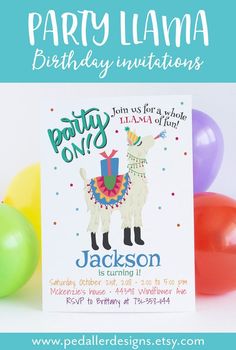 a birthday card with an image of a llama on it and balloons in the background