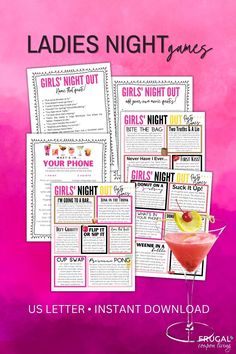 ladies'night out flyer with cocktails and information for the girls'night out