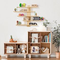 a room with shelves and toys on the wall, including bookshelves that are filled with children's toys