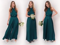 three women in long green dresses standing next to each other and holding white bouquets