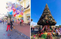 there are many people walking down the street in front of a christmas tree and onlookers