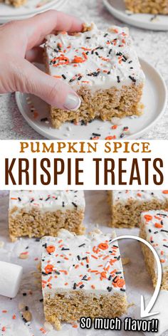 pumpkin spice krispie treats with sprinkles and white frosting on top