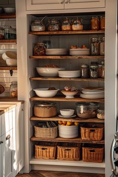 an open pantry filled with lots of dishes