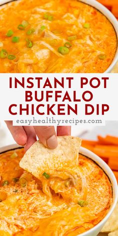 instant pot buffalo chicken dip in a white bowl with tortilla chips