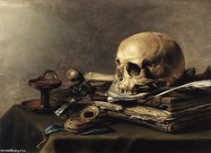 a painting of a skull and other items on a table