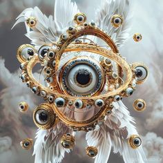 an eyeball surrounded by white feathers and gold rings in front of a cloudy background