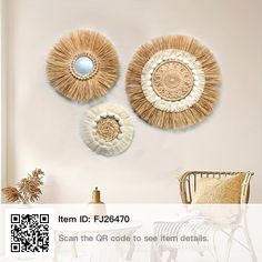 three decorative wall hangings on the wall in a living room with text overlay