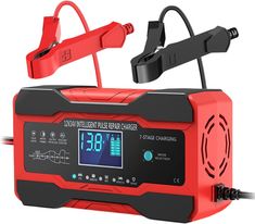 an image of a red and black battery charger