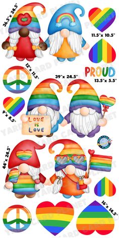 an assortment of gnomes with peace signs and rainbow colors on them, including the word proud