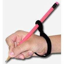 a person holding a pink pen in their left hand and writing on it with a rubber band