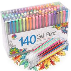 colorful gel pens in a clear box with floral designs on the front and back sides