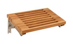 a wooden table with metal legs and a tray on it's bottom that is made out of wood