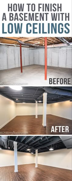 before and after photos of an unfinished basement with low ceilings, wood flooring and exposed pipes