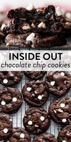 chocolate chip cookies with marshmallows are on a cooling rack and the words inside out above it