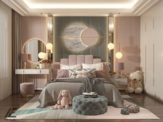 a bed room with a neatly made bed and stuffed animals