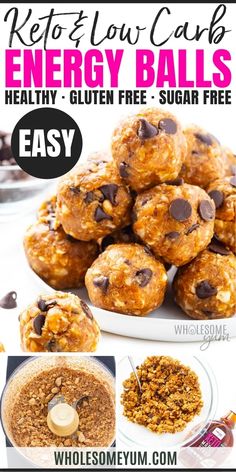 an image of energy balls with chocolate chips on top and text overlay that reads,