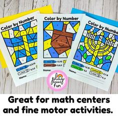 three color by number worksheets with the text great for math centers and fine motor activities