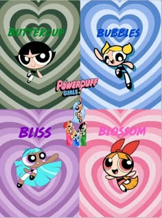 the powerpuff girls cartoon characters with different colors and font on their faces, all in