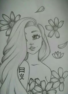 a drawing of a girl with flowers in her hair