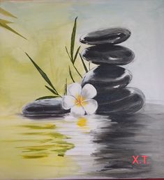 an acrylic painting of flowers and rocks in water with the word x on it