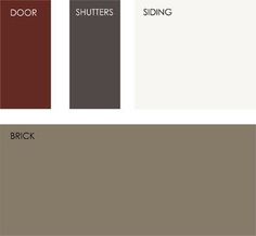 some brown and white paint colors with the words, shutters, shutters, siding