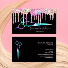 hair stylist business card with scissors and sprinkles