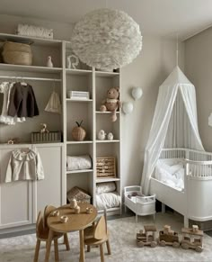 a baby's room with lots of white furniture and accessories on display in it