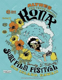 the poster for an event featuring surfboarders and flowers in front of a blue background