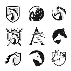 six horse emblems in black and white