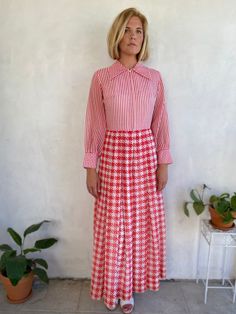 Super one of a kind 1970s vintage red & white stripe & houndstooth long sleeve fitted maxi dress. Zips up the front, beautifully tailored with darts in front and back of bodice & pleats at waist for a stunning silhouette. Fabric is semi-sheer (model is wearing a slip underneath in pics). Love the length, but would also be awesome hemmed to mini length!  Unmarked - modern size small.  Feel free to contact me with any questions! See my shop for other listings - combined shipping available.  *All i Long Sleeve Fitted Maxi Dress, Sheer Maxi Dress, Fitted Maxi Dress, Red And White Stripes, Dress Clothes For Women, White Stripe, Red White, Bodice, 1970s