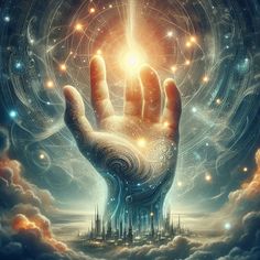 a person's hand reaching up into the sky with many stars above it and an image of a castle in the background