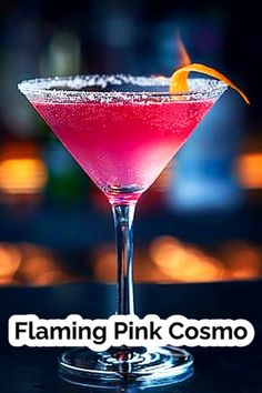 Add a touch of elegance to your gathering with the Flaming Pink Cosmo! This fun and fruity hot-pink cocktail is perfect for any occasion, garnished with a captivating flamed orange zest. #CocktailRecipe #Cosmopolitan #Mixology Hot Pink Cosmopolitan, Pink Moscato Drinks, Alcohol Appetizers, Bartender 101, Orange Garnish, Cosmopolitan Drink, Pink Cosmo, Hot Pink Cocktails, Cranberry Mimosa