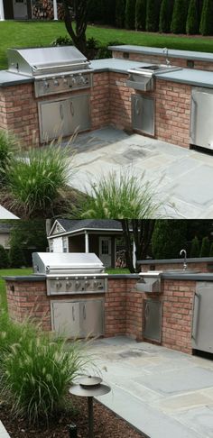 an outdoor kitchen with grills, sink and table in the middle of it's landscaping area