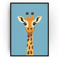 a giraffe's face is shown in the middle of a blue background