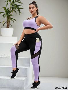 Olivia Mark - Womens Plus Size Sportswear Set - Colorblock Cut Out Racer Back Crop Tank Top & Mesh Yoga Leggings With Phone Pockets - 2 Piece Outfits Set Plus Size Sportswear, Pieces Outfits, Mesh Leggings, Workout Outfits, Fitness Models Female, Crop Tank Top, Outfit Set, Racer Back, Yoga Leggings