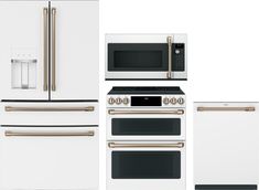 an assortment of kitchen appliances including stoves, refrigerator and microwave with gold trimming