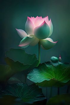 a large pink flower sitting on top of a lush green leaf covered waterlily