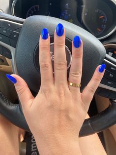 Dark Blue Round Acrylic Nails, Simple Nails For September, Megan Moroney Blue Nails, Short Almond Royal Blue Nails, Blue Almond Short Nails, Royal Blue Nails Round, Royal Blue Acrylic Nails Short Almond, Bright Royal Blue Nails, Bright Dark Blue Nails