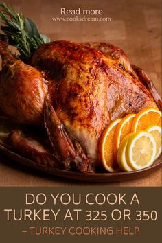 a turkey on a platter with oranges and rosemary garnish is featured in this ad