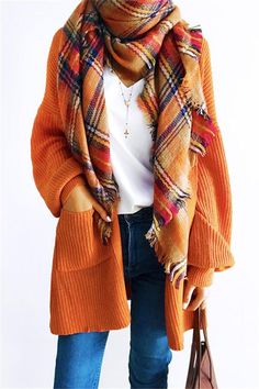 Chicnico Fashion Plaid Orange Scarf Orange Cardigan Outfit, Plaid Shawl, Orange Cardigan, Cardigan Outfit, Orange Scarf, Orange Sweater, Mode Boho, Cardigan Outfits, Ladies Dress Design