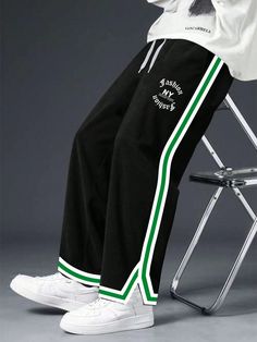 Plus Size Men's Side Stripe Casual Sweatpants,Back To School Black    Knitted Fabric Colorblock,Letter,Striped Straight Leg Slight Stretch  Men Plus Size Clothing, size features are:Bust: ,Length: ,Sleeve Length: Men Street Outfit, Mens Pants Fashion Casual, Trendy Boy Outfits, Blouse Casual Fashion, African Clothing For Men, Street Fashion Men Streetwear, Casual Sweatpants