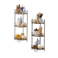 two metal shelves with different items on them